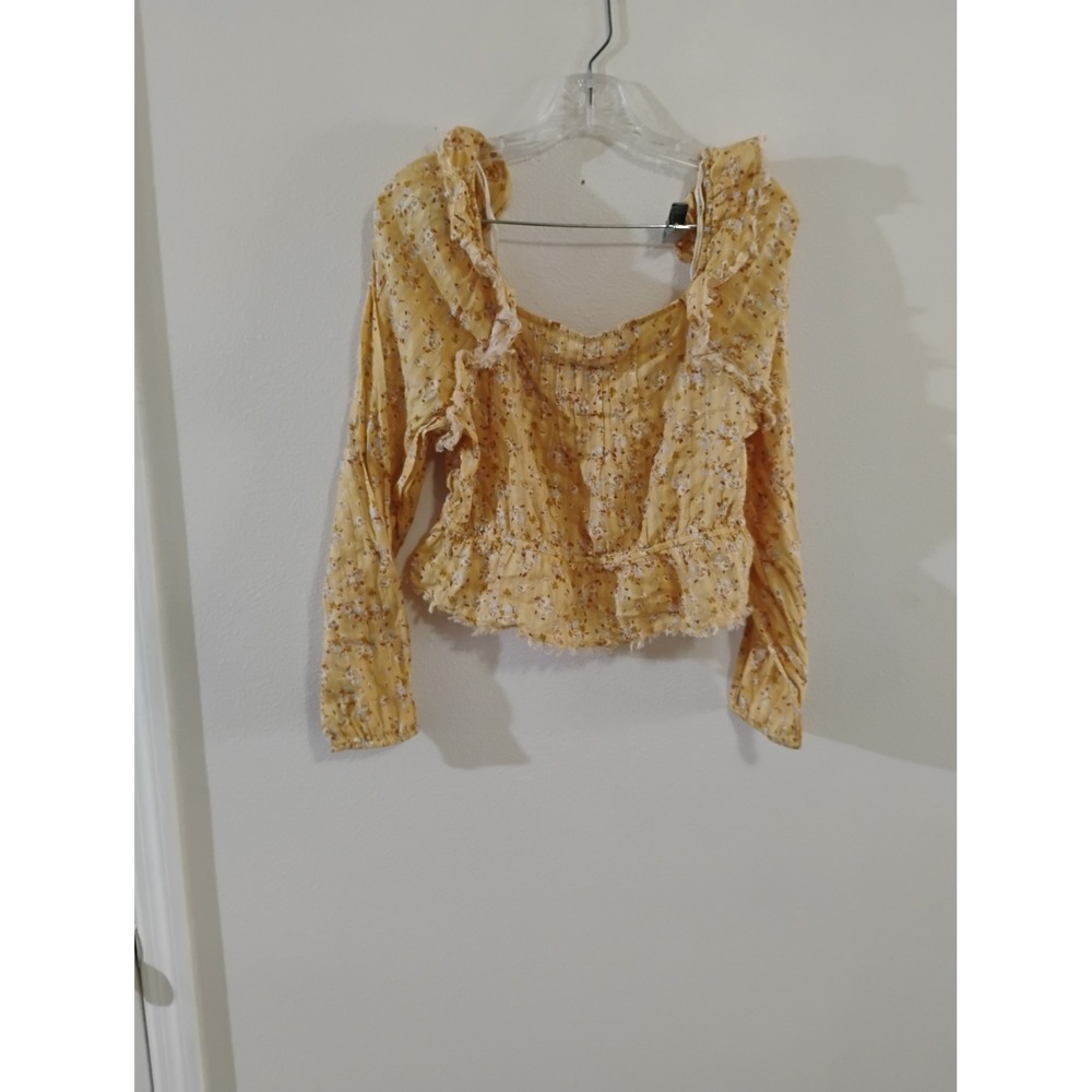 True Craft Yellow Floral Ruffle Smocked Crop Top Long Sleeve Blouse Large